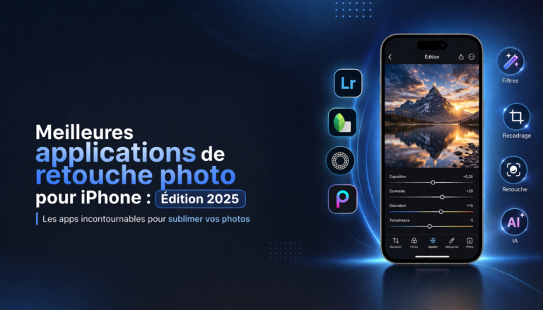 A modern LinkedIn-style banner in French with a sleek dark blue gradient background. On the left, bold clean typography reads: "Meilleures applications de retouche photo pour iPhone : Édition 2025" with a smaller subtitle "Les apps incontournables pour sublimer vos photos". The design is minimal, professional, and tech-focused. On the right, a realistic iPhone displays a photo editing interface with sliders (exposure, contrast, color). Around it, subtle glowing icons representing popular apps (filters, AI, retouch tools). Add soft light effects and a clean layout. Leave empty space on the far left for a profile picture. Clean, corporate LinkedIn aesthetic.","size":"1792x1024